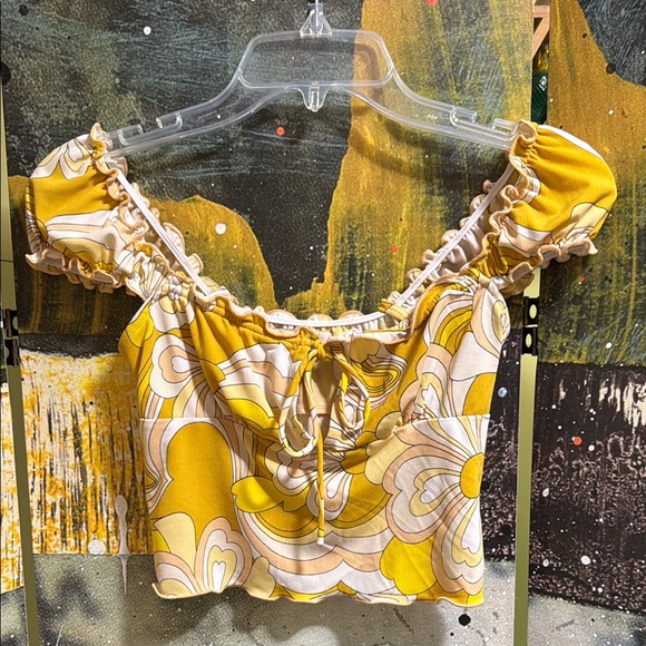 Urban Outfitters Tops - Urban Outfitters Yellow Ruffled Crop Blouse with Tie Front, retro floral